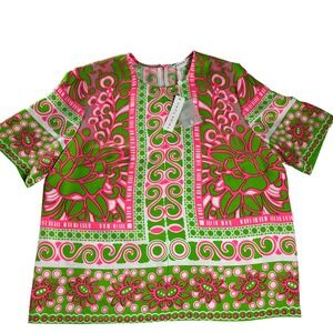 Trina Turk Pink Green Printed Top XL Retro Resort Glam NWT